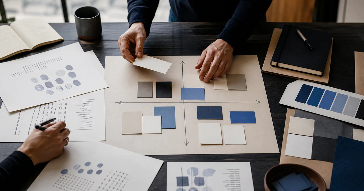 Brand strategists arranging positioning notes and color swatches on a studio table