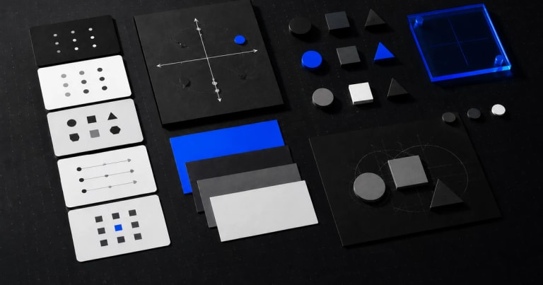 Black, white, and blue strategy cards progressing from positioning axes to a resolved geometric system