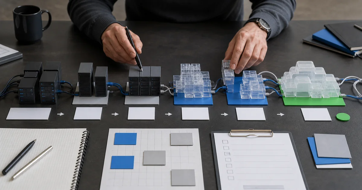 An engineer mapping migration stages from physical servers to cloud infrastructure