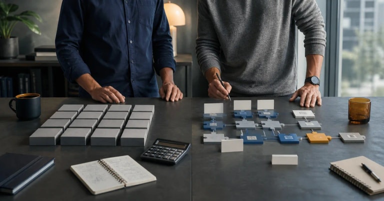 Two business operators comparing uniform software modules with a custom workflow model