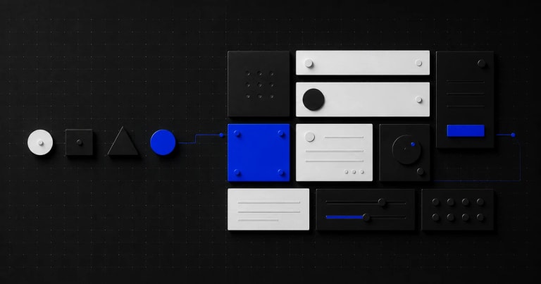 Foundational black white and blue tokens feed a consistent family of modular product components