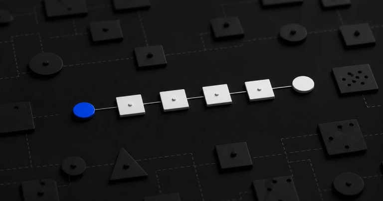A focused path of white modules connects one blue decision marker to a complete outcome amid deferred options