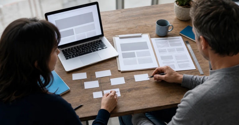 A business owner and designer reviewing website wireframes and a redirect plan