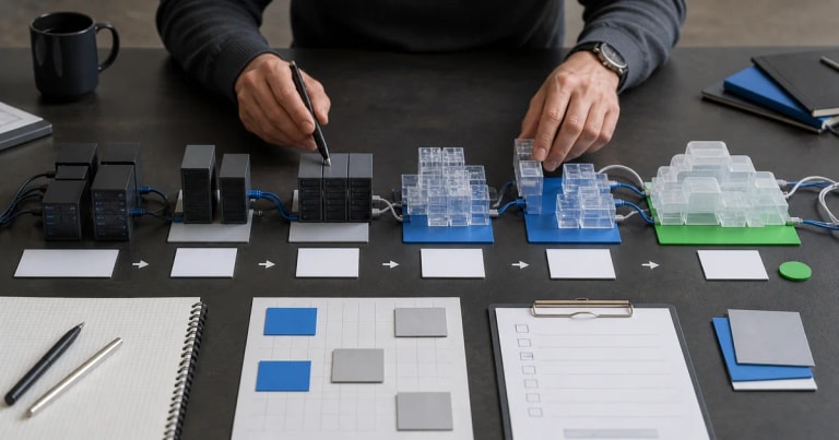 An engineer mapping migration stages from physical servers to cloud infrastructure