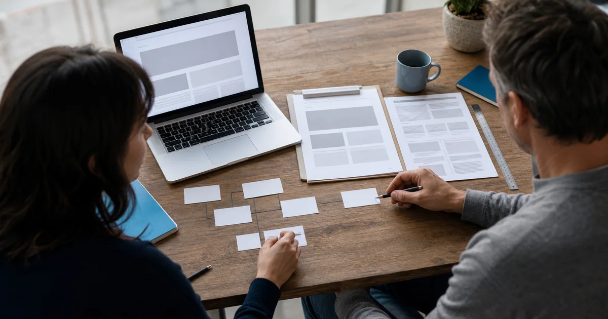 A business owner and designer reviewing website wireframes and a redirect plan